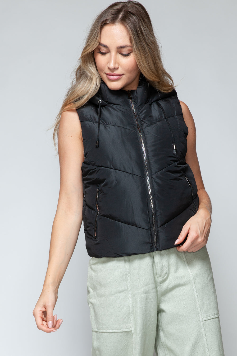 Black Zip Up Quilted Hooded Vest Jacket