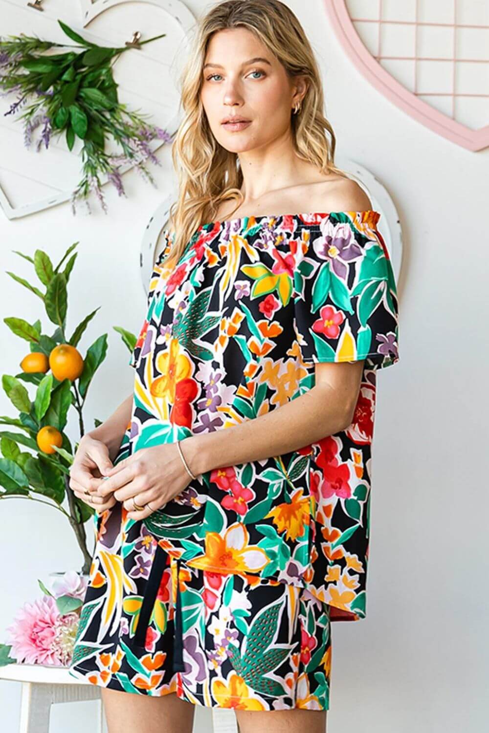 Boho Black Floral Combo Off-Shoulder Top, Tops, $ 34.00, A Moment Of Now™