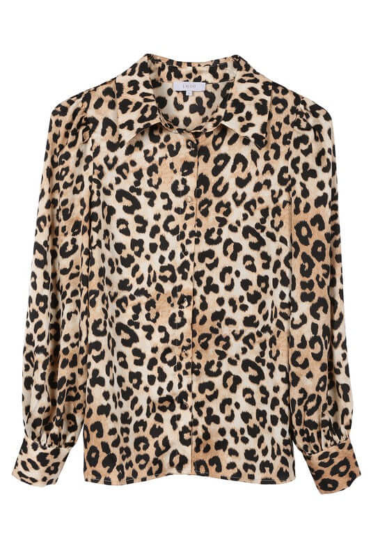 Brown Satin Leopard Long Sleeve Collared Blouse Shirt, Lilou, $ 29.95