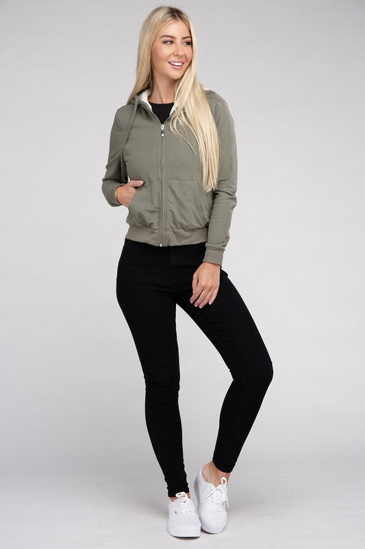 Fuzzy Trim Zip-Up Crop Hoodie Jacket