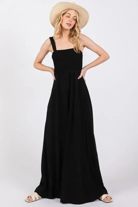 Black Smocked Flowy Wide Leg Jumpsuit, Jumpsuits, $ 49.00, A Moment Of Now™