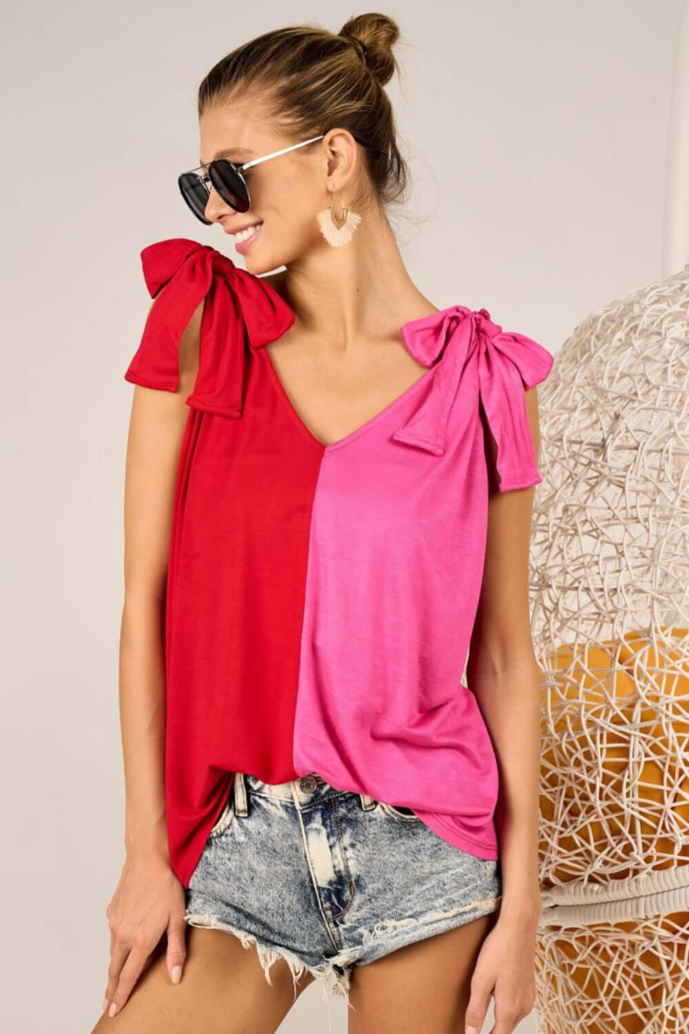 Red Shoulder Ribbon Tied Contrast Tank Top, BiBi, $ 35.00