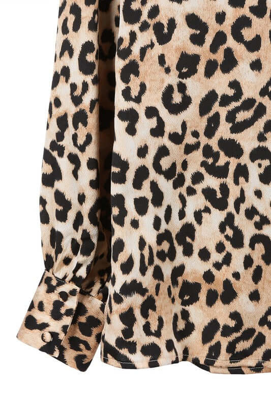 Brown Satin Leopard Long Sleeve Collared Blouse Shirt, Lilou, A Moment Of Now