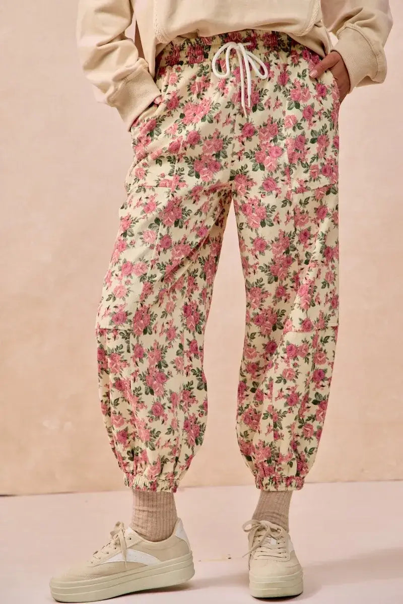 Cream Pink Floral Printed Twill Drawstring Pants | Online Boutique USA, Pants, $ 57.00, A Moment Of Now™