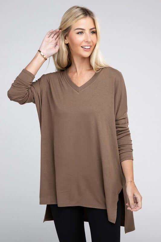 Dolman Long Sleeve V-Neck Side Slit Hi-Low Hem Top, ZENANA, $ 19.00