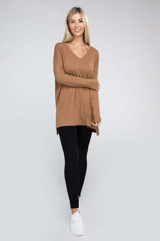 Dolman Long Sleeve V-Neck Side Slit Hi-Low Hem Top, ZENANA, $ 19.00