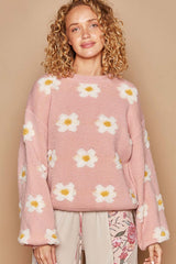 Soft Pink Daisy Pattern Drop Shoulder Sweater, POL, $ 49.00