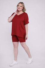 Plus Size Brushed DTY V Neck Top & Biker Shorts Set, ZENANA, A Moment Of Now