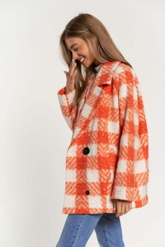 Fuzzy Boucle Textured Double Breasted Plaid Coat Jacket, Davi & Dani, $ 73.95