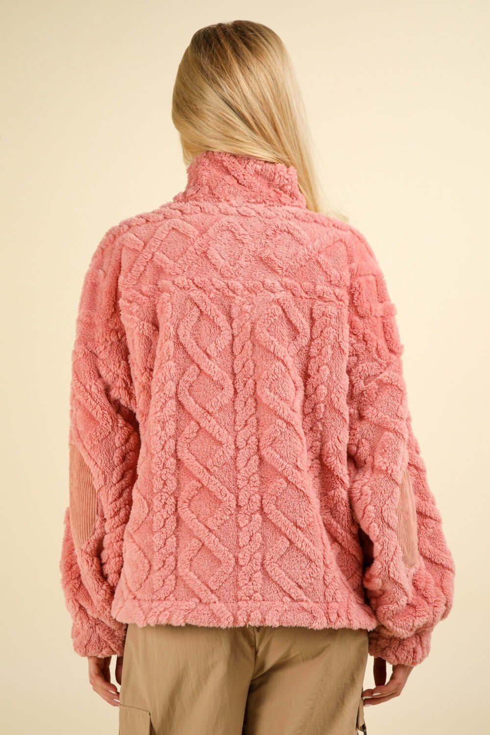 Blush Fuzzy Fleece Half Zip Cable Pattern Sweatshirt