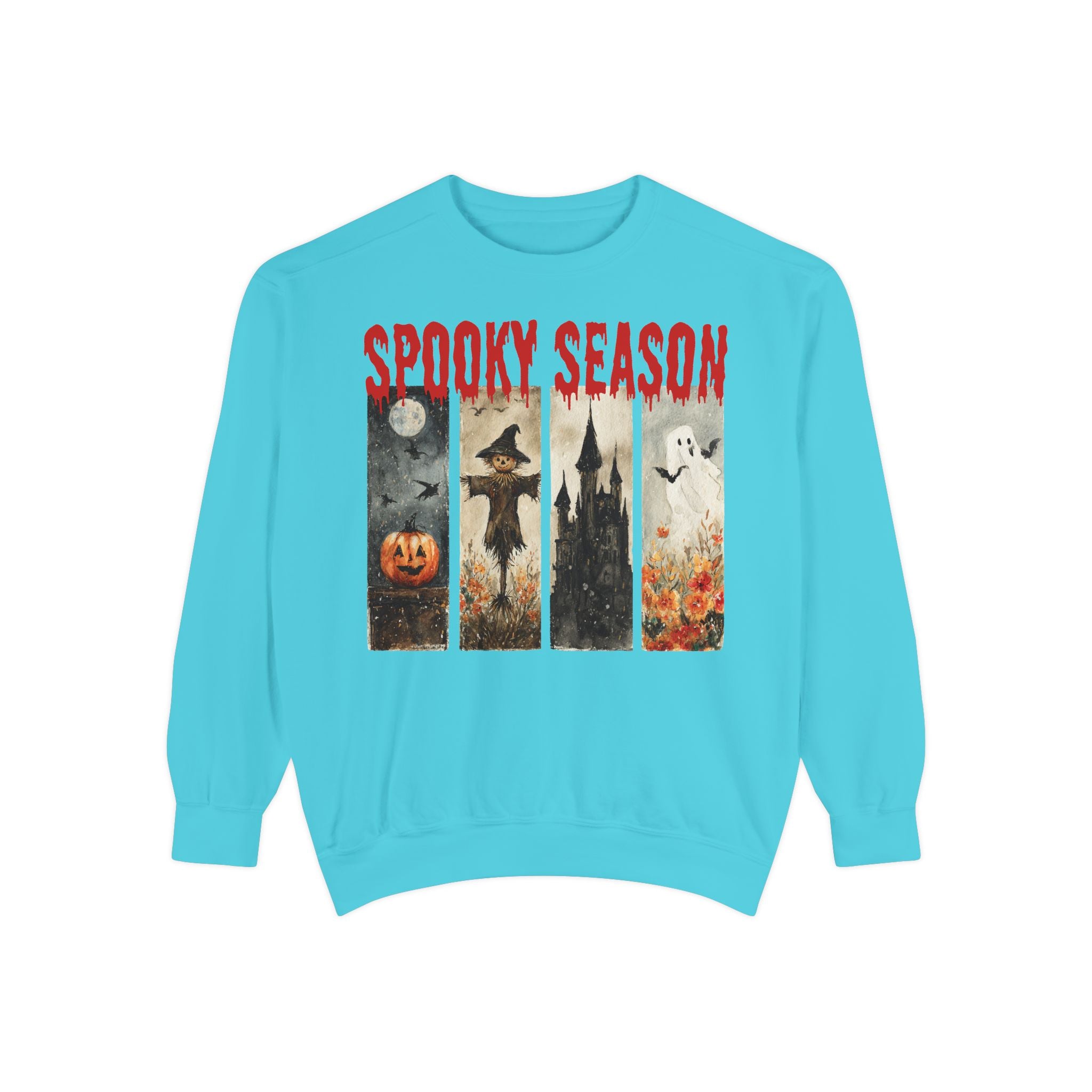 Spooky Season Halloween sweatshirt with vintage pumpkin, witch and ghost graphic — product mockup