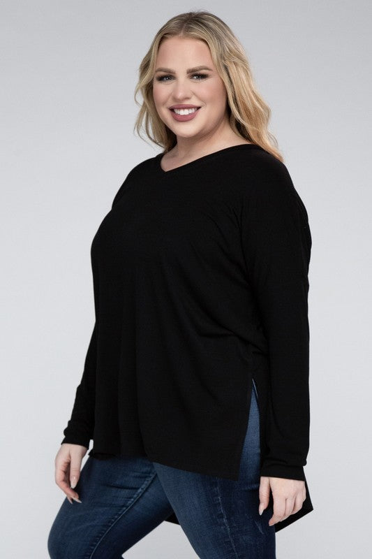 Shop Plus Size Dolman Sleeve V-Neck Side Slit Hi-Low Hem Top For Women, Tops, USA Boutique