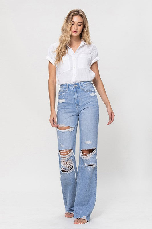 90s Vintage Light Denim Distressed Flare Jeans