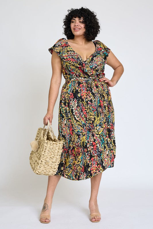 Shop Plus Size Floral Print Ruffle V-Neck Sash Dress USA Boutique Clothing, Dresses, USA Boutique