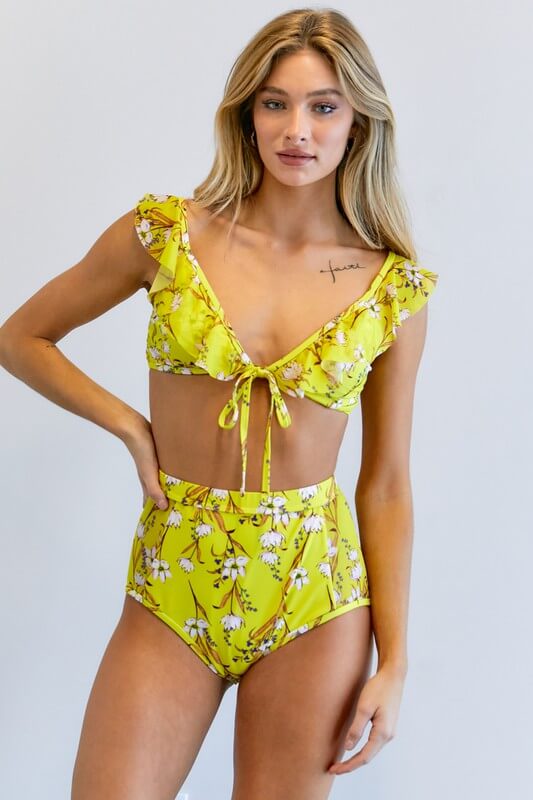 Yellow Floral Printed Swimwear 2 Pieces Set, Davi & Dani, $ 46.95