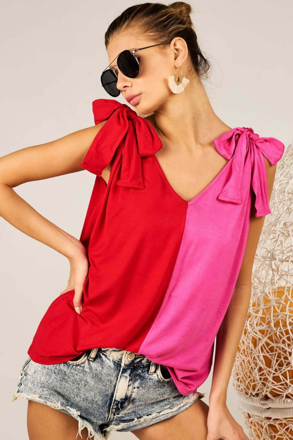 Red Shoulder Ribbon Tied Contrast Tank Top, BiBi, $ 35.00