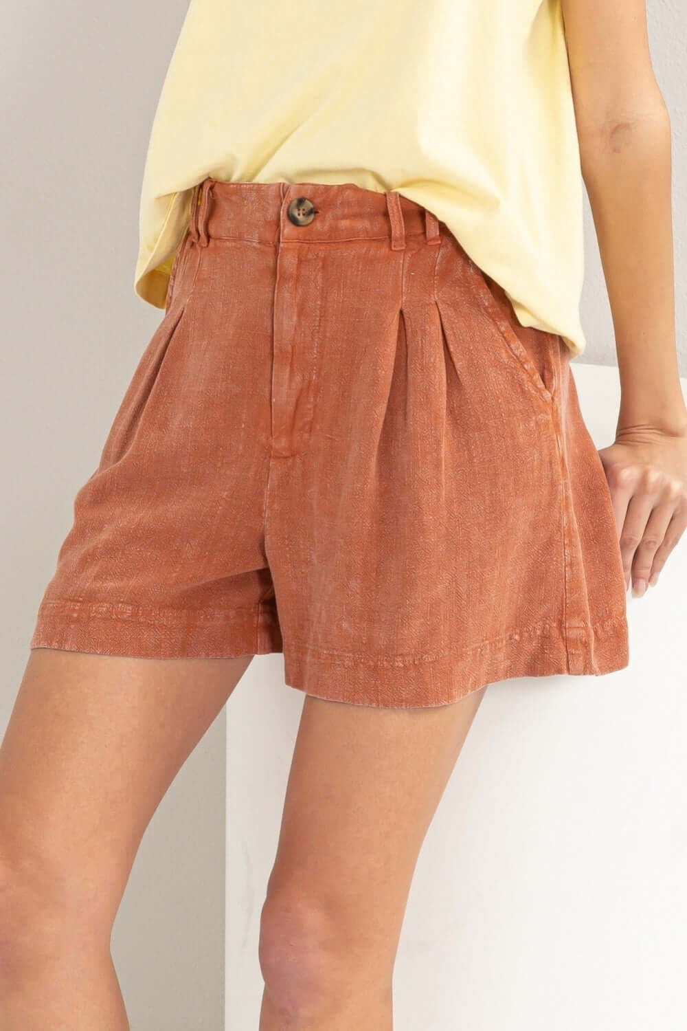 Clay Brown High Waist Pleated Linen Shorts - Stylish Comfort, Shorts, $ 25.00, A Moment Of Now™
