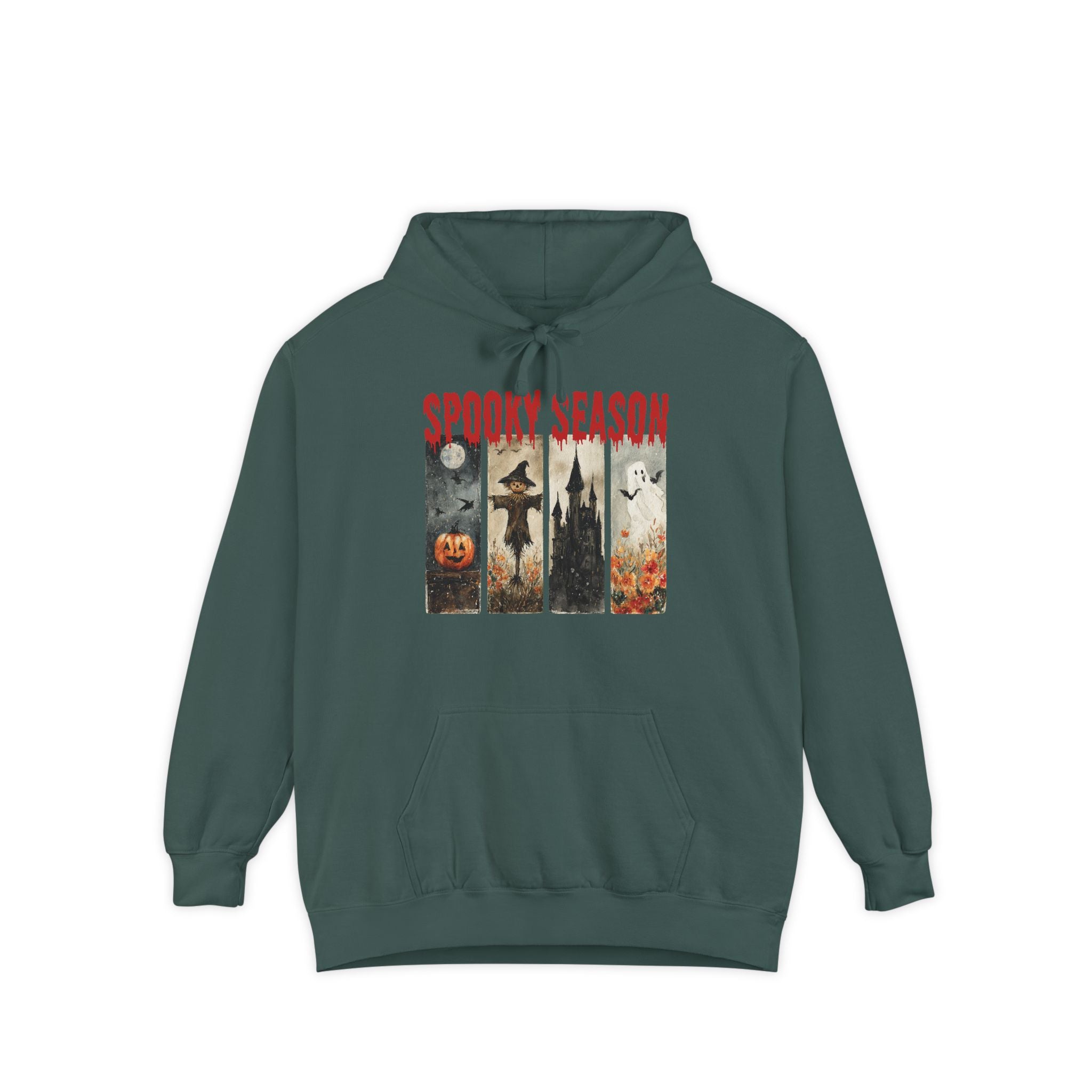 Spooky Season Halloween hoodie with vintage pumpkin, witch and ghost graphic — product mockup