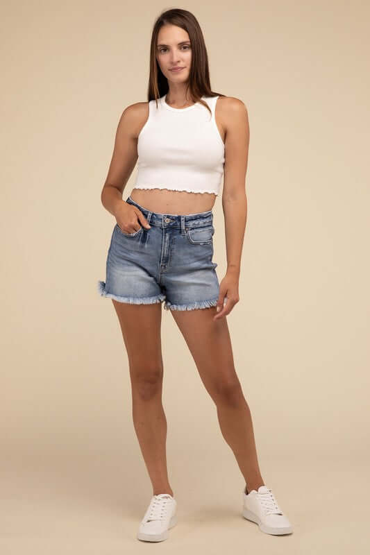 Medium Stone Wash Blue Mid Rise Raw Frayed Hem Denim Shorts, ZENANA, $ 45.00