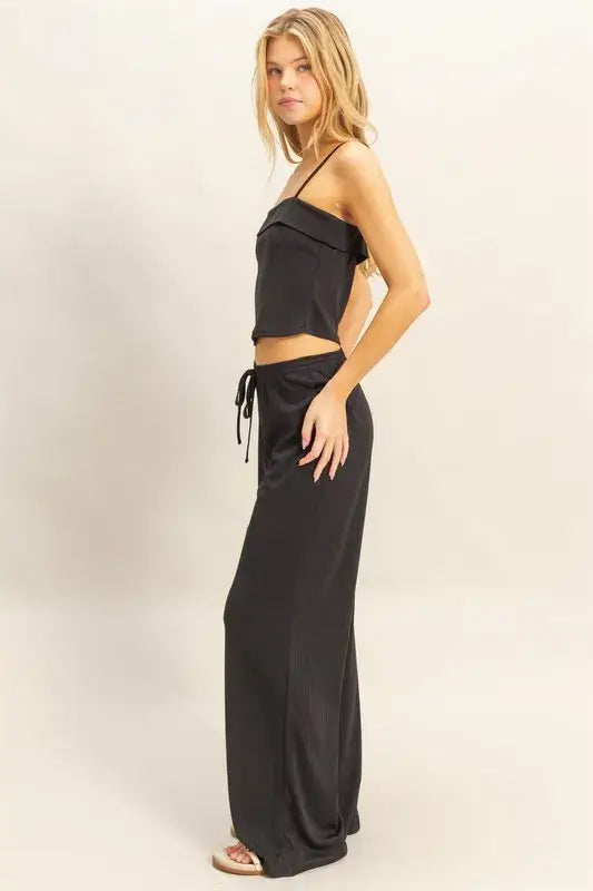 Black Rib Knit Cami Top and Pants Set - Chic Comfort for All, Outfit Sets, $ 45.00, A Moment Of Now™