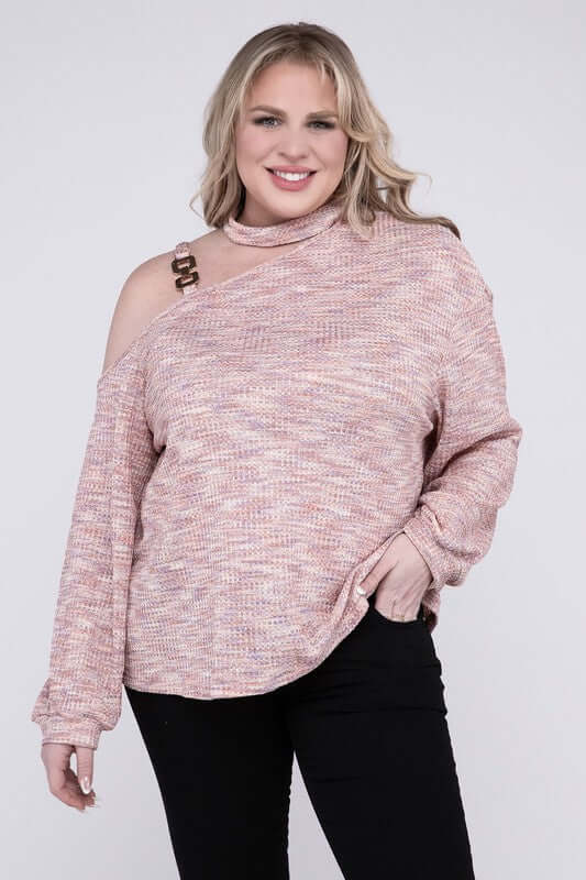 Plus Size Cute Pink Cold Shoulder Chain Decor Top