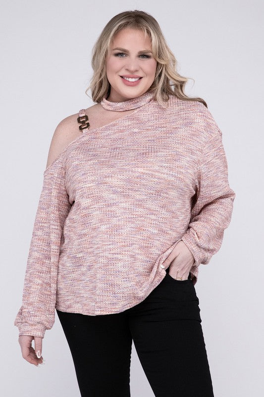 Plus Size Cute Pink Cold Shoulder Chain Decor Top