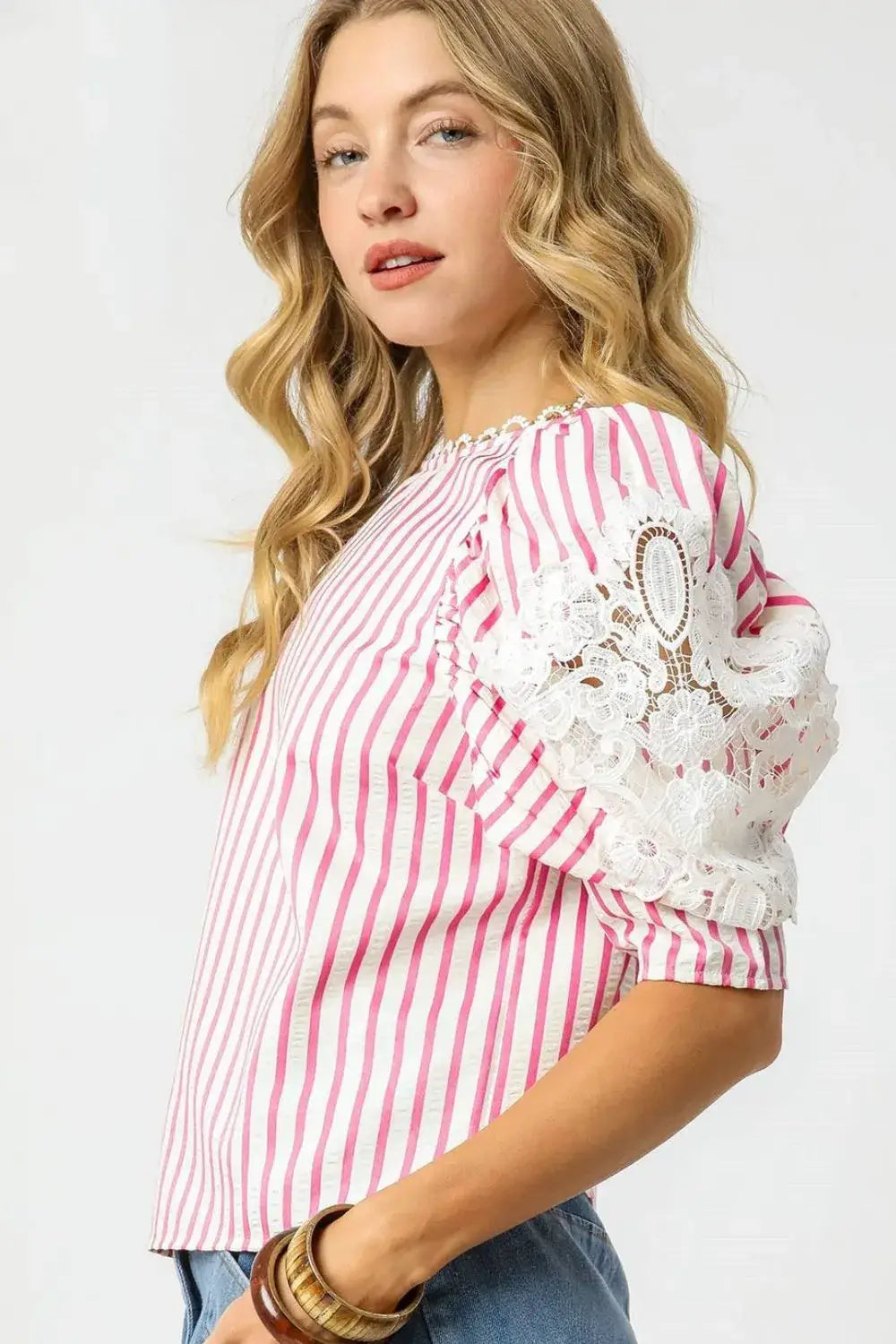 Pink Striped Lace Puff Sleeve Blouse - Chic & Comfy, Blouses, $ 55.00, A Moment Of Now™