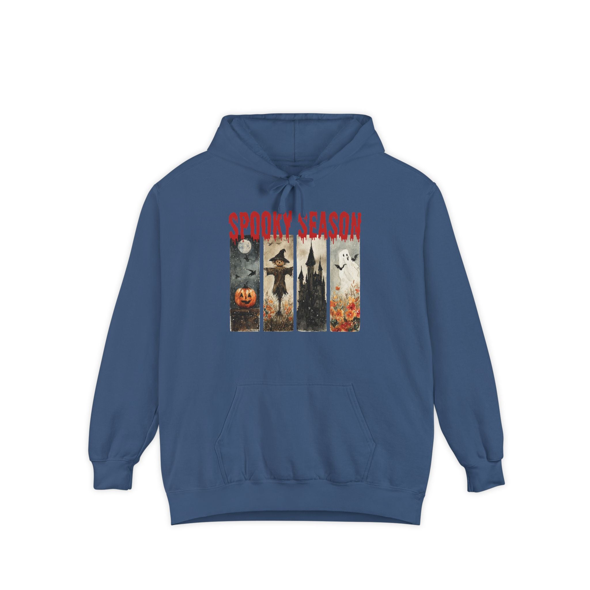 Spooky Season Halloween hoodie with vintage pumpkin, witch and ghost graphic — product mockup