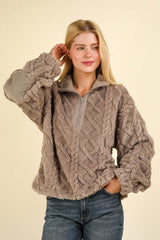 Charcoal Fuzzy Fleece Half Zip Cable Pattern Sweatshirt