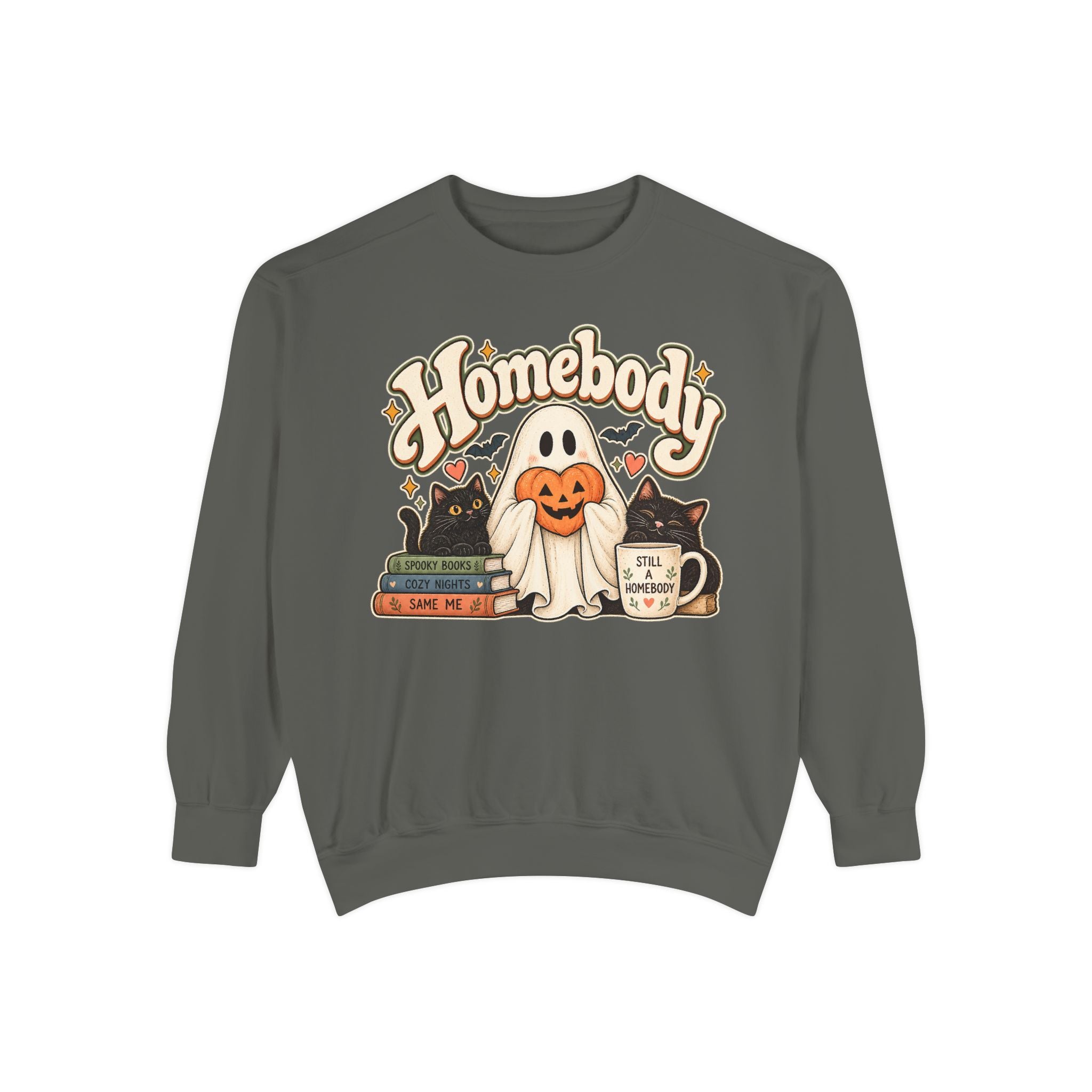 Homebody Sweatshirt — Cozy Halloween Ghost, Books & Pumpkin Mug Graphic - sweatshirt product image 4