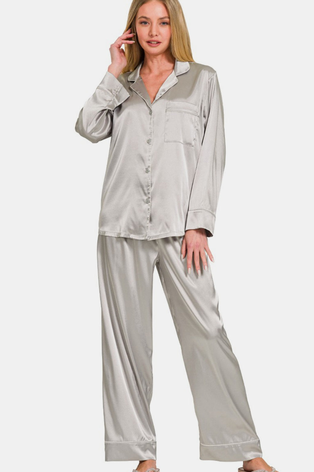 Silver Satin Long Sleeve Shirt and Pants Pajama Set