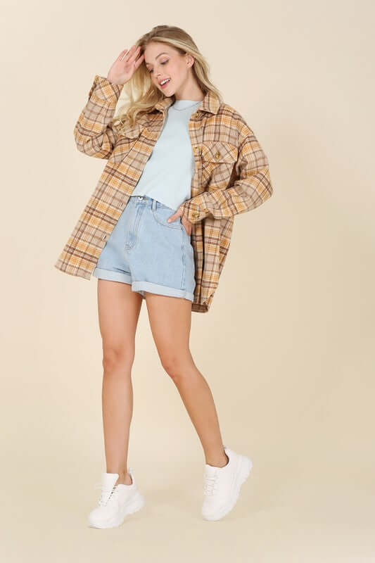 Brown Plaid Shacket with Pockets