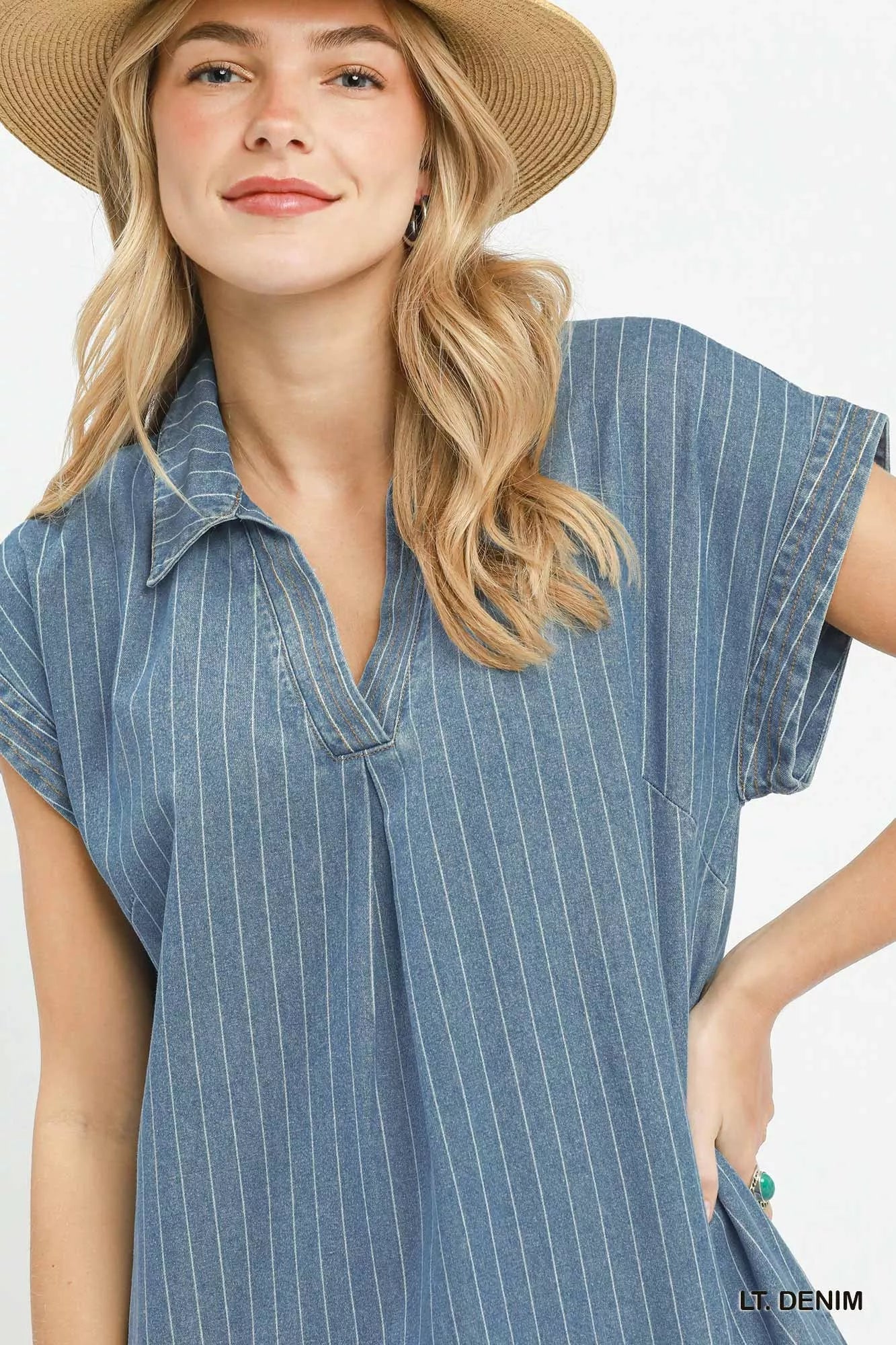 Umgee Pinstripe Denim Collared Midi Dress with Side Slits | Boutique In USA, Dresses, $ 69.00, A Moment Of Now™