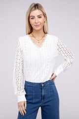 White V Neck Lace Trim Long Sleeve Top, Nuvi Apparel, $ 32.95