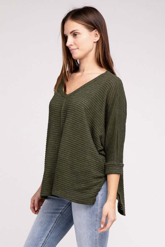 3/4 Sleeve V-Neck Hi-Low Hem Jacquard Sweater, ZENANA, $ 24.95