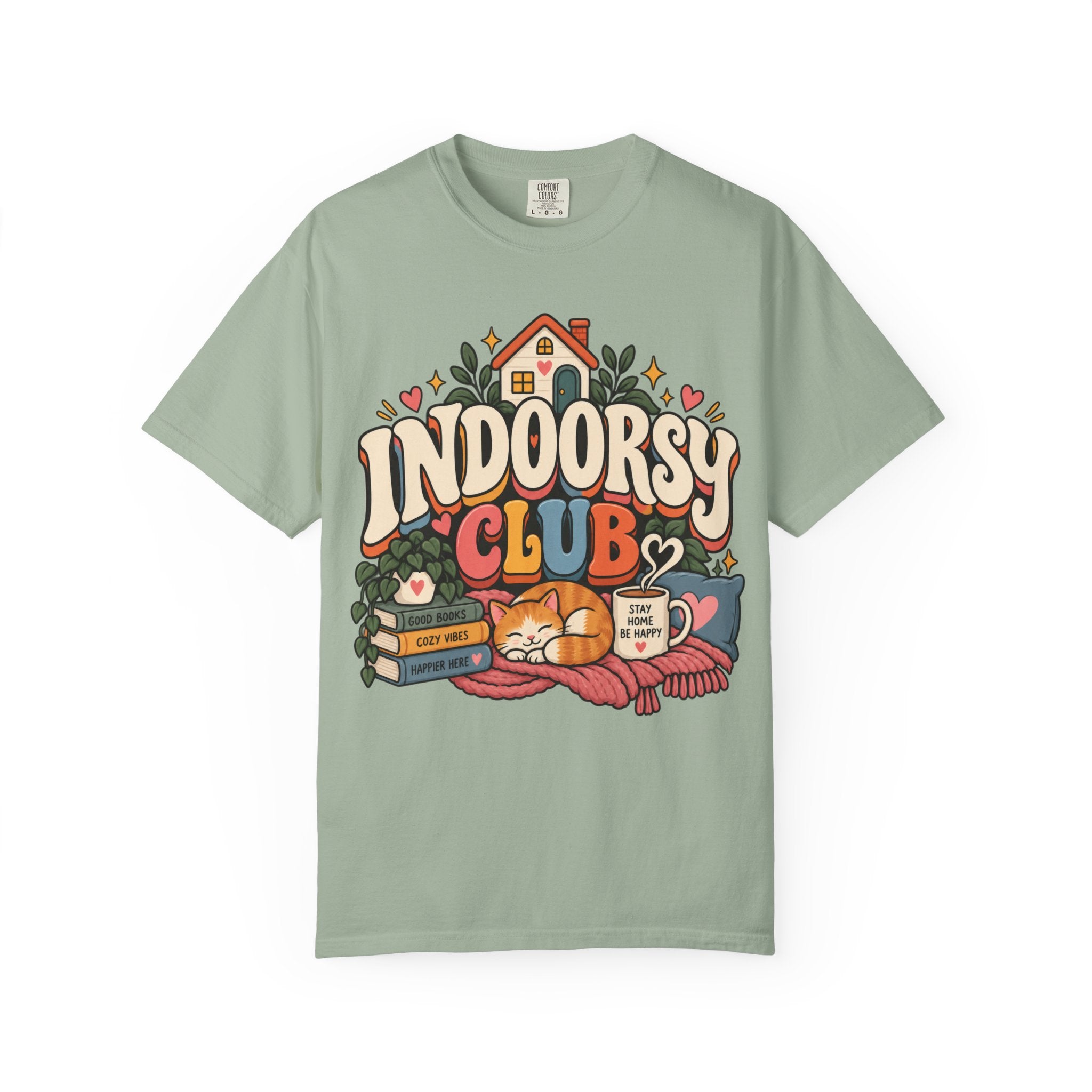 Indoorsy Club T-Shirt — Cozy Homebody Graphic Tee (Cat, Books, Tea) - t-shirt product image 5