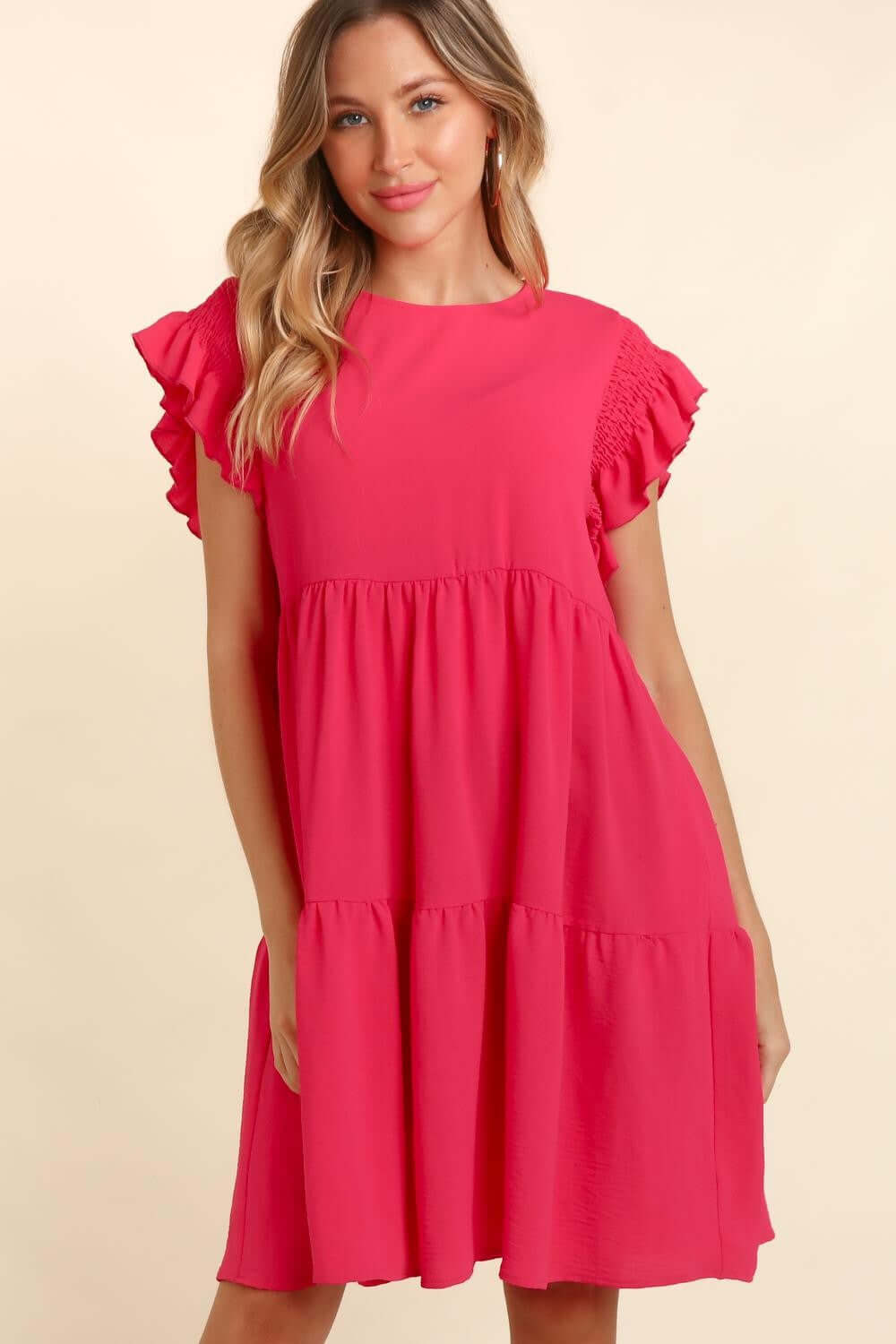 Fuchsia Smocking Ruffle Short Sleeve Dress with Pockets, Dresses, $ 49.00, A Moment Of Now™