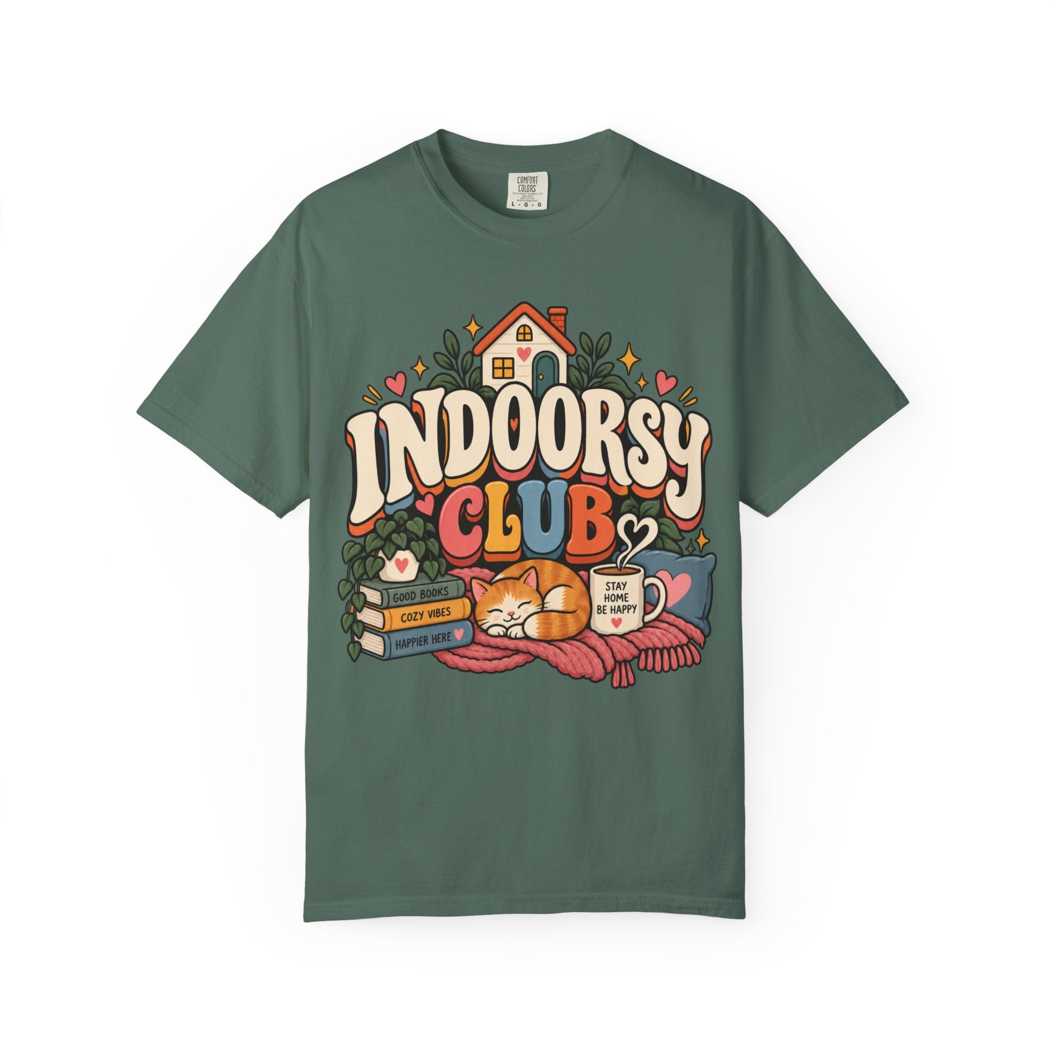 Indoorsy Club T-Shirt — Cozy Homebody Graphic Tee (Cat, Books, Tea) - t-shirt product image 6