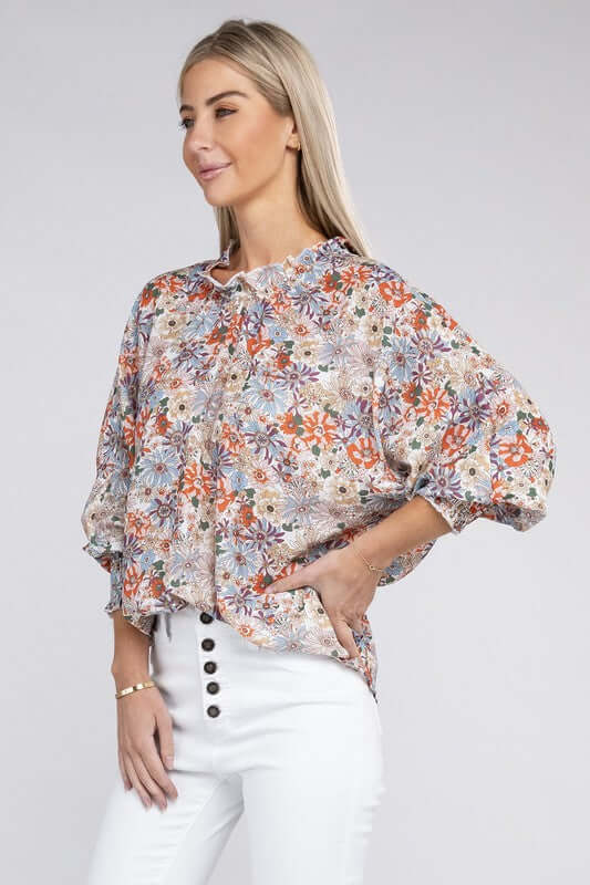 Floral Print Mock Neck Raglan Sleeve Blouse, Nuvi Apparel, $ 41.95