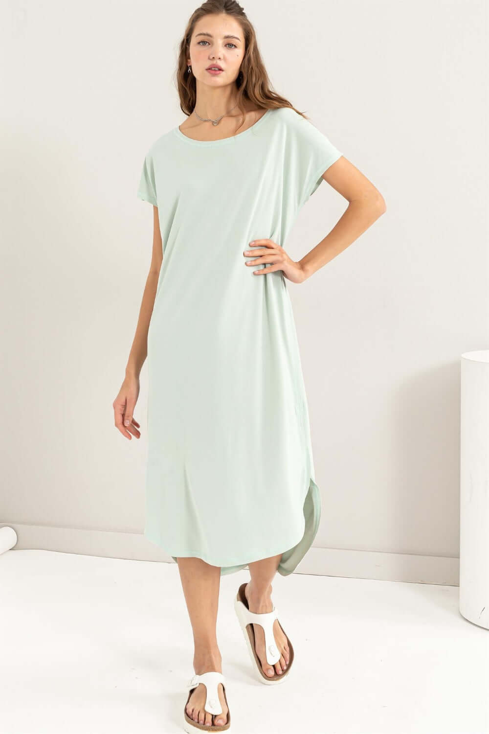 Mint Green Short Sleeve High-Low Slit Midi Dress for All Occasions, Dresses, $ 35.00, A Moment Of Now™