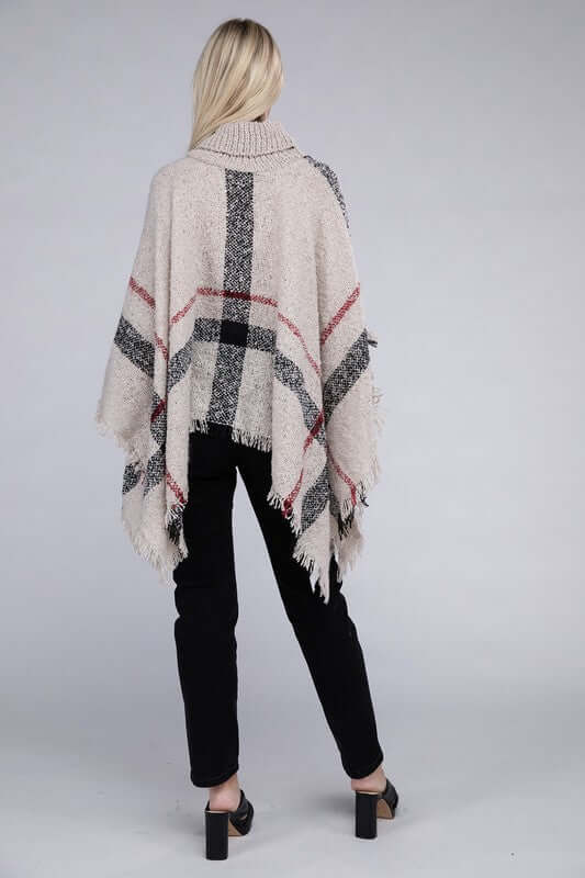 Ivory Black Turtleneck Plaid Knit Pancho, Nuvi Apparel, $ 45.95