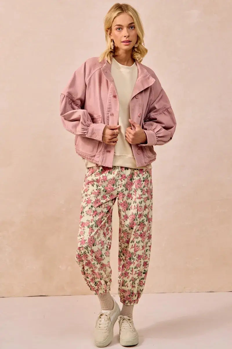 Cream Pink Floral Printed Twill Drawstring Pants | Online Boutique USA, Pants, $ 57.00, A Moment Of Now™