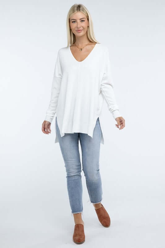 Women's Hi-Low Hem V Neck Front Seam Sweater | USA Boutique, ZENANA, $ 55.00