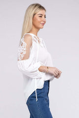 White Lace Patchwork Long Bishop Sleeve Blouse, Nuvi Apparel, $ 44.95