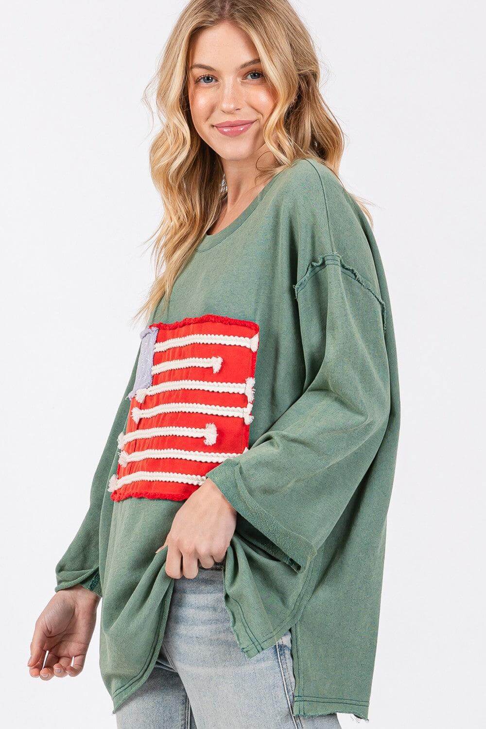 Teal American Flag Patch Drop Shoulder T-Shirt | Casual Style, T-shirts, $ 53.00, A Moment Of Now™