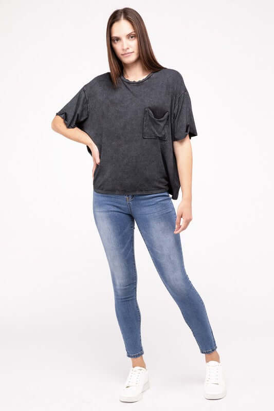 Washed Ribbed Cuffed Short Sleeve Round Neck Top, ZENANA, $ 32.95