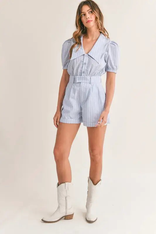 Light Blue Striped Puff Sleeve Collared Neck Romper - Chic Style, Rompers, $ 65.00, A Moment Of Now™