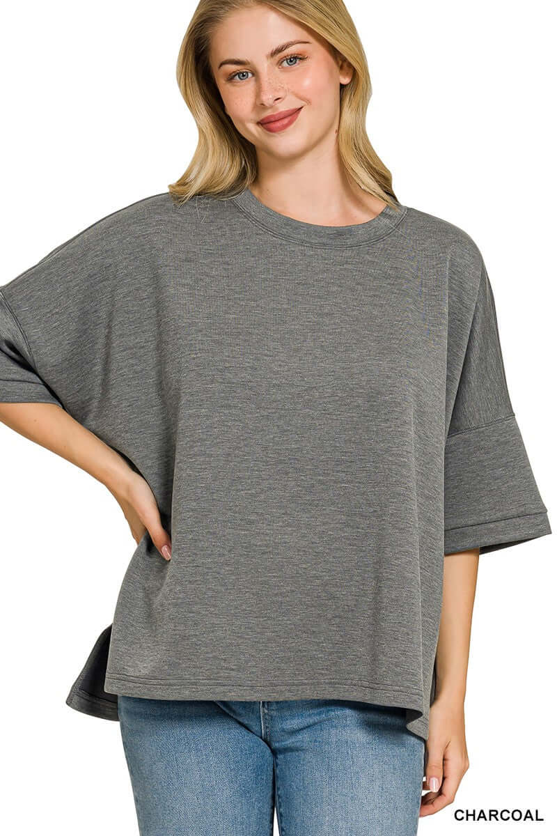 Charcoal Scuba Round Neck Top with Side Slits | Plus Size | Zenana, Tops, $ 28.00, A Moment Of Now™