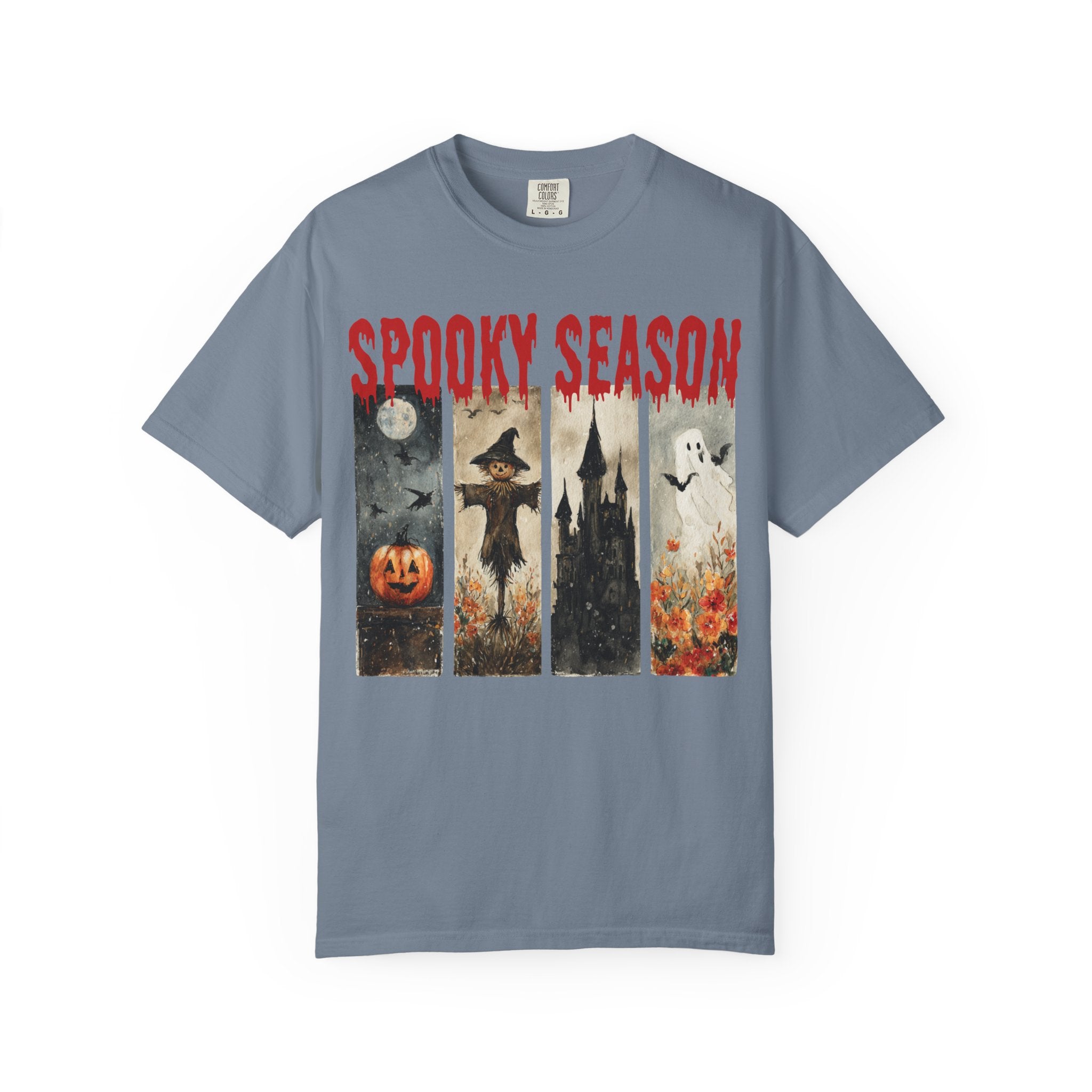 Spooky Season Halloween T-shirt with vintage pumpkin, scarecrow and ghost graphic — product mockup