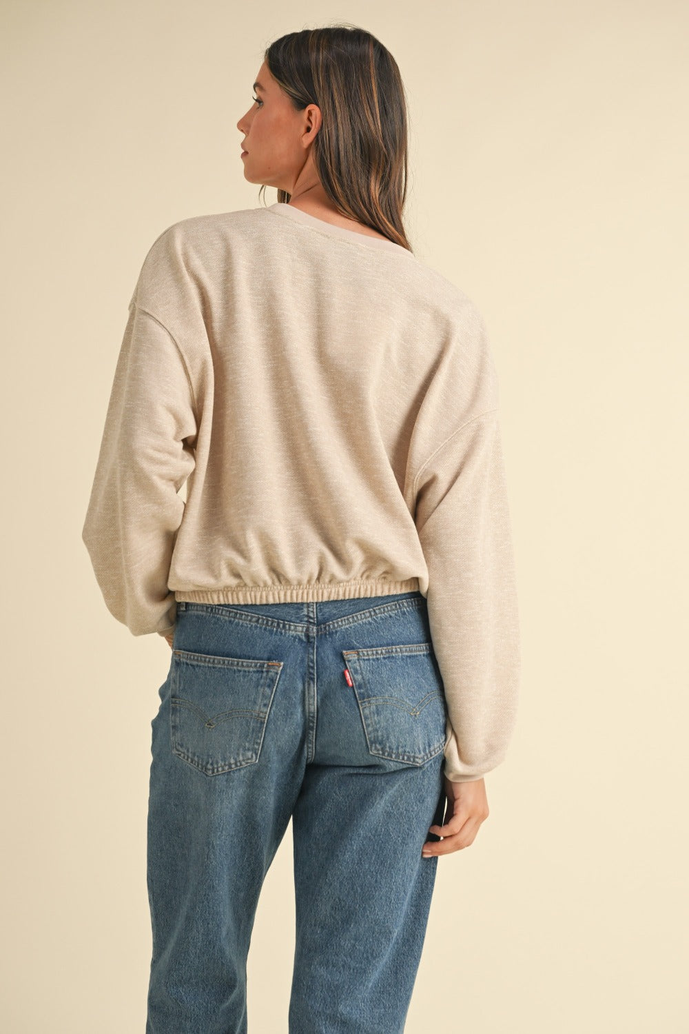 Taupe Round Neck Letter Embroidery Crop Sweatshirt